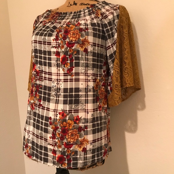 NWT-Ivory Love Floral Plaid Lace Off Shoulder Short Sleeve Blouse-S - Picture 4 of 15